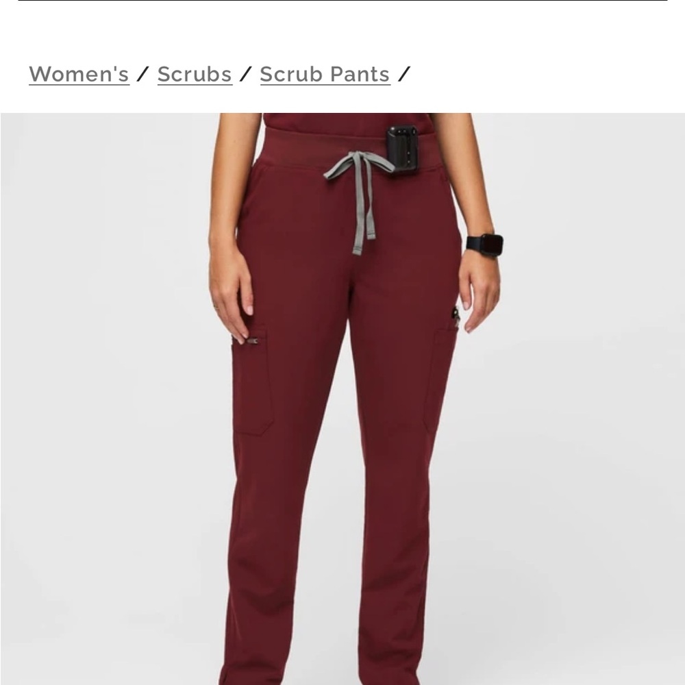 Figs burgundy Yola scrub pants with grey drawstring